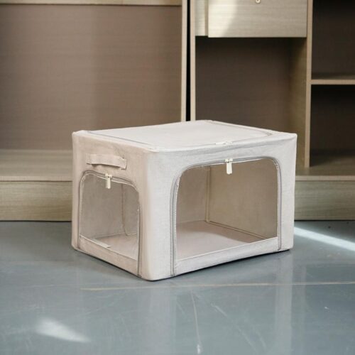 Cotton Linen Foldable Storage Box with View Window & 3 Doors | Large Organizer for Dorm Clothes, Pants & Books
