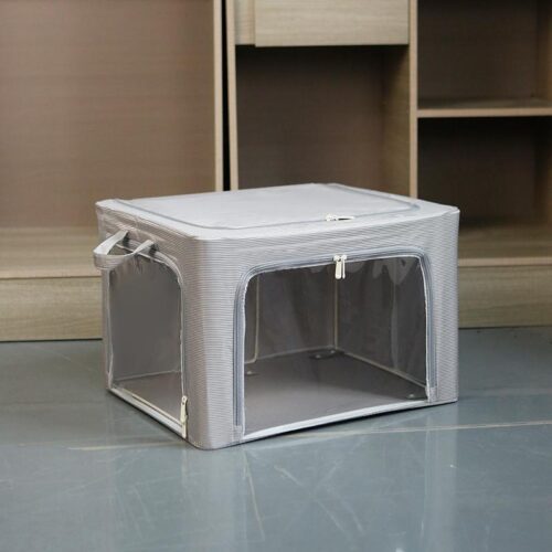WPS图片(1)2 Cotton Linen Foldable Storage Box with View Window & 3 Doors | Large Organizer for Dorm Clothes, Pants & Books